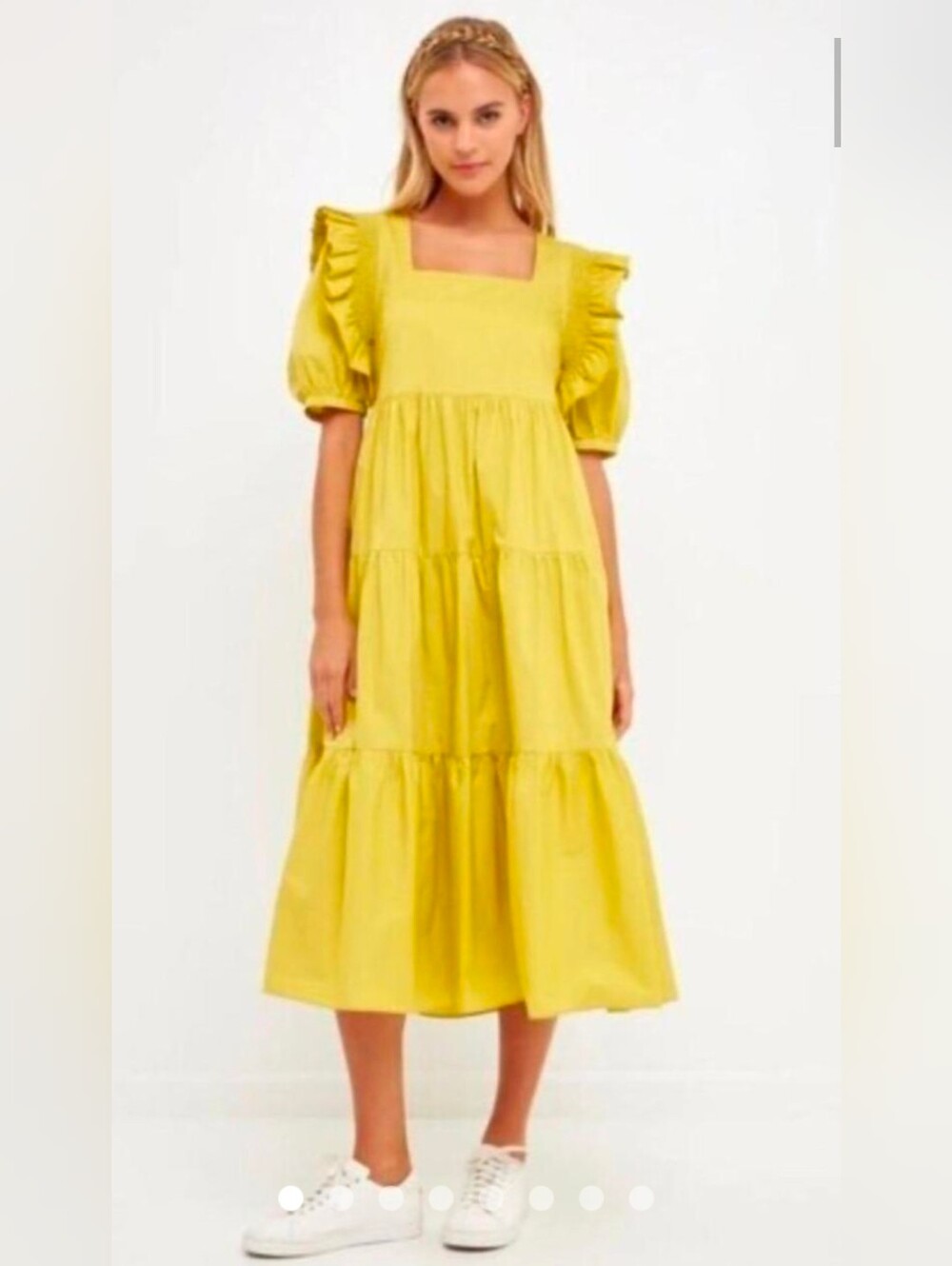 English Factory Square Neck Ruffle Smocked Detail Midi Dress
